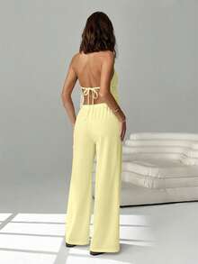 SHEIN EZwear Women's Striped Print Halter Top And Wide Leg Pants Set,Butter Yellow,Spring Outfit Women,Summer ,Going Out Set For Women,Vacation Outfits Women - Multicolor - View 2