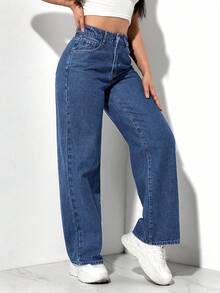 SHEIN PETITE Women's Minimalist Button Front Pocket Denim Pants, Casual Everyday Wear - Blue - View 4