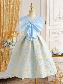 Vestido formal corto y ajustado con lazo azul elegante de jacquard para niñas, adecuado para fiestas de noche, Navidad, Halloween, bodas, bailes de graduación, vacaciones y temporada de graduación - Azul - Ver 3