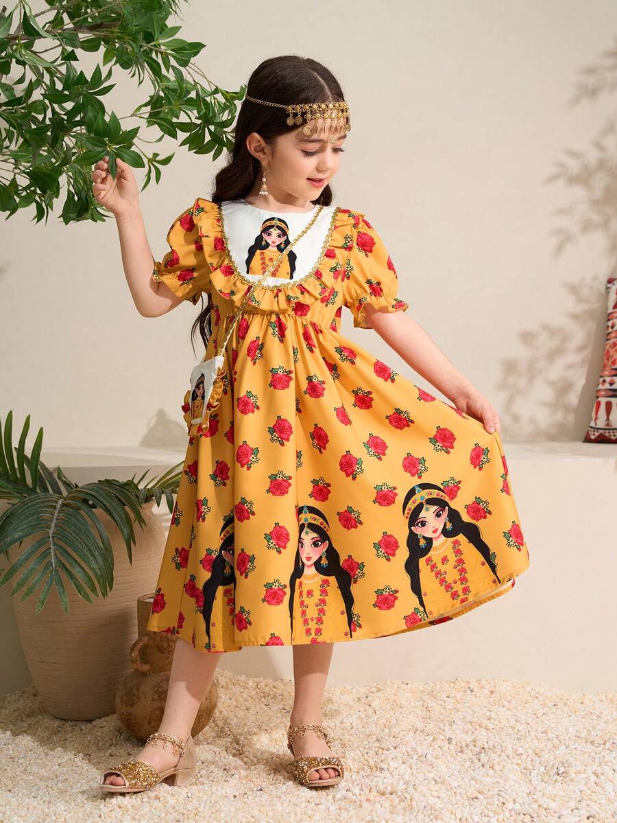 Girls Yellow Tunic Abaya Kaftan Jalabiya,Blue Butterfly,Summer,Party Middle Eastern Muslim Cartoon Moon & Star Pattern,Modest Dress With Floral Ruffle - Yellow - View 1