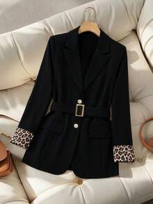 GlowEve CURVE Plus Size Women Elegant Commuter Long Sleeve Colorblock Leopard Print Blazer - Black - View 3