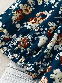 Linhara 加大码束腰七分袖娃娃领优雅花卉印花休闲/工作衬衫，春夏秋三季 - 藏蓝色 - 查看 6