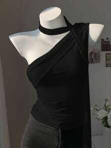 SHEIN EZwear Y3k 女士夏季优雅黑色褶皱单肩上衣 - 黑色 - 查看 3