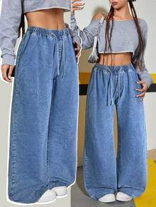 Teens Girls Elastic Waist Drawstring Loose Straight Leg Jeans - Medium Wash - View 4