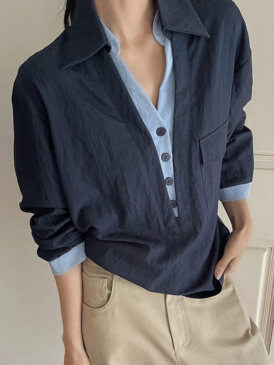 Livesso 女士休闲撞色V领二合一衬衫 - 藏蓝色 - 查看 1