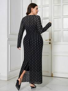 SHEIN Clasi 大码女士复古优雅波点印花长袖修身连衣裙，春秋季 - 黑與白 - 查看 2