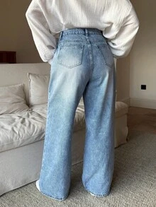 SHEIN 孕妇高腰休闲做旧浅蓝色时尚宽松百搭牛仔裤，适合春季、圣诞节、新年、感恩节、通勤、度假、毕业典礼等场合，展现Y2K风格，可爱街头风，适合派对、婚礼、优雅商务休闲等各种场合。 - 藍色 - 查看 2