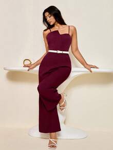 Juhart Bộ jumpsuit dáng suông, màu trơn, họa tiết hoa dành cho nữ cỡ lớn, thiết kế quây ngực, eo thắt, ống rộng, thanh lịch, phù hợp cho công sở và mặc hàng ngày. - Màu Đỏ Sâu - Xem 1