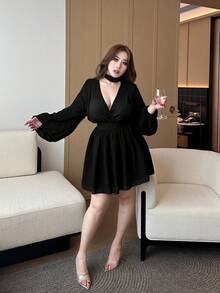 Vibekara 大码女式棕色法式雪纺V领独特精致复古浪漫学院风A字连衣裙，带围巾领，长袖，适合办公室、日常穿着、派对、舞会、音乐节、返校季等场合。 - 黑色 - 查看 7