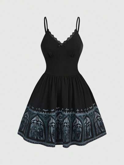 ROMWE Goth 哥特式大教堂彩色玻璃、雕像、十字架、蝙蝠、蕾丝拼接露背吊带女装