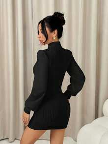 SHEIN PETITE Gaun Kerah Tegak Bergaris Lengan Bishop Warna Hitam, Ukuran Petite untuk Wanita - Hitam - View 4