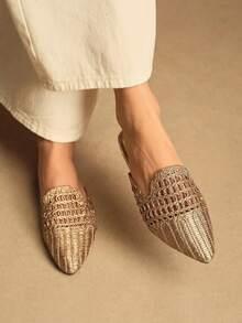 Rosivie صندل جديد بتصميم فريد مصنوع من نسيج مجدول مفرغ بنعل مسطح وأصبع قدم مدبب، أحذية نسائية منفذة للهواء - الذهبي - مشاهدة 6