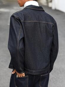 Manfinity EMRG Áo khoác denim ngắn, dáng ôm, rộng, màu xanh đậm, phong cách thường ngày, dành cho người trưởng thành, thích hợp cho mùa thu/đông. - Màu xanh lam - Xem 3