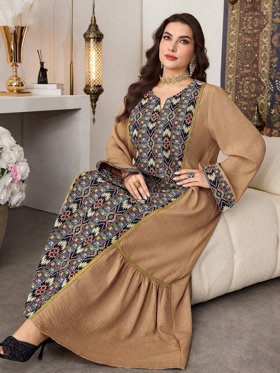 Al Najma Khaki gemusterter Patchwork traditioneller, modischer, vielseitiger, weiter, bequemer Lange Robe für Damen in Große Größen im türkisch/arabischen Stil, Lange Kaftan - Khaki - Übersicht 1