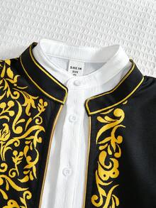 SHEIN 两件套男童复古花卉图案黑色长袍，金色装饰，长袖上衣搭配白色立领长衬衫，适合正式场合、生日派对、锐舞派对、晚宴、演出、婚礼、迎婴派对和一周岁生日庆祝。 - 黑色 - 查看 3