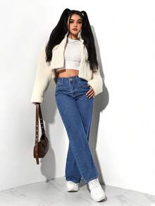 SHEIN PETITE Women's Minimalist Button Front Pocket Denim Pants, Casual Everyday Wear - Blue - View 3