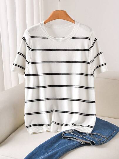 CosyJoli Plus Size Black & White Striped Crew Neck Short Sleeve Knit Top
