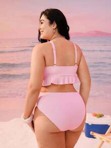 Swim Mod 2026新款夏季海滩度假套装，蝴蝶结装饰荷叶边大码女式泳装 - 粉色 - 查看 2