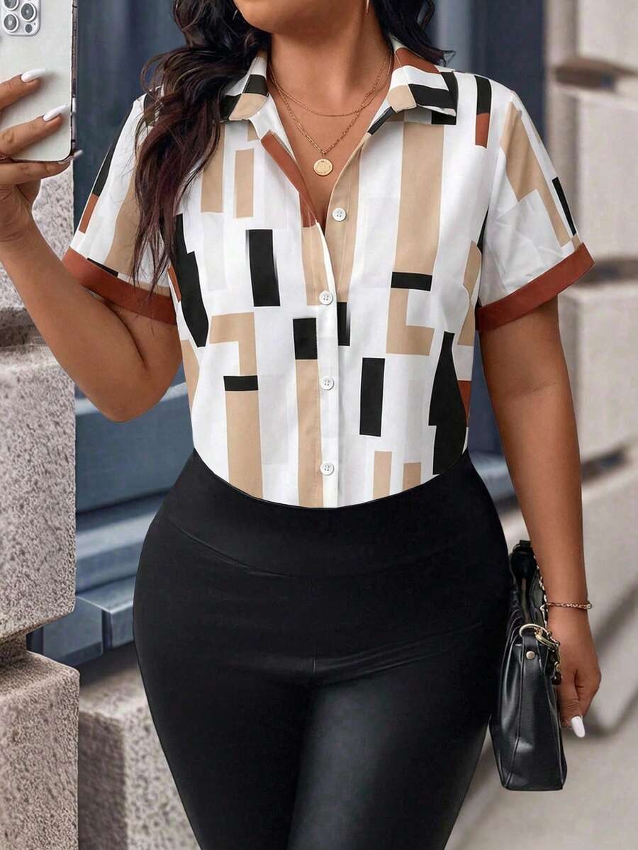 Elenzga Koszula jednorzędowa Clasi Plus Size z krótkim rękawem i geometrycznym nadrukiem, damska, na co dzień, wiosna/jesień - Wielokolorowe - Zobacz 1