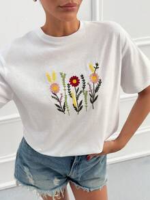 Cloudara Áo thun nữ trắng thêu họa tiết – Tay ngắn, dáng rộng, chất liệu cotton-polyester, áo thun mùa hè thường ngày, họa tiết hoa, cổ tròn. - trắng - Xem 6