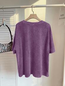 SHEIN EZwear 大码女式纽约图案T恤，大码街头风90年代休闲简约图案圆领短袖宽松T恤，酸洗复古针织做旧柔软面料，适合春夏穿着，浅紫色 - 淡紫色 - 查看 2
