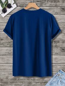 Manfinity Homme Áo thun nam tay ngắn cổ tròn màu trơn, kiểu dáng thường ngày, đa năng cho mùa hè. - Màu xanh lam - Xem 2