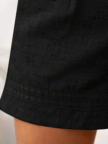 Solivie Summer Casual Linen Bamboo Knot Elegant Embroidered Detail Shorts - Black - View 7