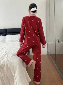 SHEIN 撞色领泡泡褶皱爱心条纹长袖长裤女士睡衣套装 - 紅色 - 查看 2