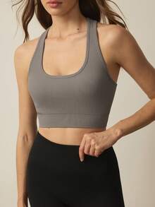 SHEIN Sports 女士休闲纯色罗纹健身运动背心 - 灰色 - 查看 2