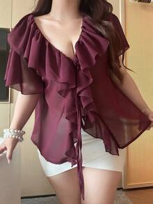 Vibekara Áo kiểu tay ngắn, cổ chữ V, màu trơn, chất liệu chiffon, dáng ôm, xuyên thấu, gợi cảm, dành cho người có vóc dáng đầy đặn. - Màu Đỏ Sâu - Xem 8