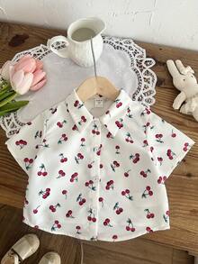 Children/Girls' Casual Turndown Collar Cherry Print Short Sleeve Shirt - Multicolor - View 6