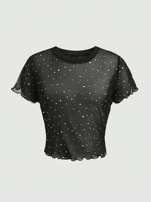 Girlism 少女星形网纱圆领短袖T恤，休闲街头风圆领植绒短袖上衣配吊带背心两件套 - 黑色 - 查看 8