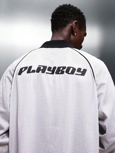 PLAYBOY X SUMWON Men's Long Sleeve Athletic Mesh Jersey Polo With Brand Graphics And Contrast Collar Trim Details