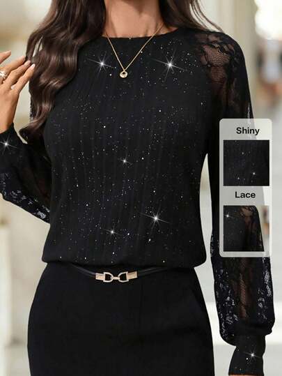 SHEIN Clasi Women's Round Neck Knitted Black Shiny Ribbed Knit Elastic Lace See-Through Sleeve Elegant Everyday Wear & Party Dress, Autumn/Winter & Early Spring Blouses For Women Party Long Sleeve Tops For Women Black Top Knitted Stretch Fabric, Shimmering Ribbed Fabric, Lace Trim, Early Spring Top Spring Outfit Women Spring Clothing Going Out Top Glitter Top Black Sparkly Top Bling Top Black Rhinestone Top Long Sleeve Elegant Blouse Lace Sleeve Top