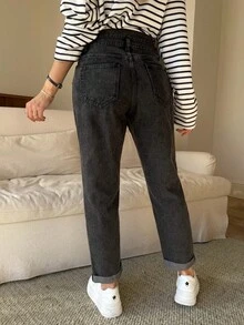 SHEIN Quần jeans bầu màu trơn, cạp hai lớp, có túi, kiểu dáng thường ngày, đa năng, thích hợp cho mùa xuân, Giáng sinh, Năm mới, Lễ Tạ ơn, đi làm, nghỉ mát, tốt nghiệp, phong cách Y2K, dễ thương, thời trang đường phố, dự tiệc, đám cưới, thanh lịch, công sở, thường ngày. - màu đen - Xem 2