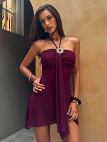 SHEIN BAE Đầm ngắn cổ yếm màu trơn dành cho nữ, thích hợp cho kỳ nghỉ hoặc hoạt động thường ngày. - Màu tím - Xem 9