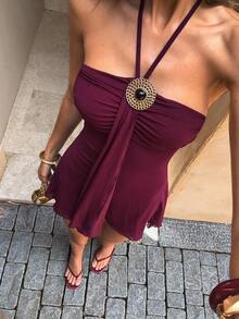 SHEIN BAE Đầm ngắn cổ yếm màu trơn dành cho nữ, thích hợp cho kỳ nghỉ hoặc hoạt động thường ngày. - Màu tím - Xem 4