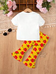 SHEIN White,Summer,Cute,Family Matching Baby Girl Cartoon Princess Print T-Shirt & Rose Flare Pants Set,Short Sleeve Round Neck Top,Casual Outfits,Abaya - Multicolor - View 4