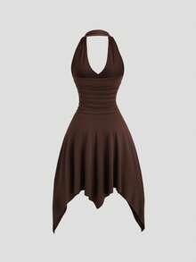 Sweetra Women's Casual Elegant V-Neck Halter Asymmetrical Hem Dress, Spring/Summer - Coffee Brown - View 2