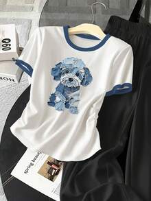 Resyla Bộ 2 món dành cho nữ, áo ngắn tay và quần in hình hoạt hình cún con, viền tương phản. - Nhiều màu - Xem 4