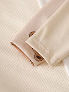 2pcs/Set Newborn Baby Romper, Cute Cartoon Bear Print All-Over Print Jumpsuit With Embroidered Bear, Long Sleeve Footed Pants, Infant Pajamas - Khaki - View 6