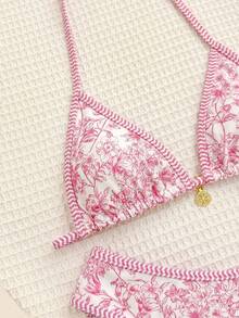 SHEIN Teen Girls Vintage Floral Print Spaghetti Strap Bikini Set Apricot Knitted Texture Shell Decoration Halter Neck Stitch Halter Triangle Bikini Set Summer Beach Outfit Bathing Suit