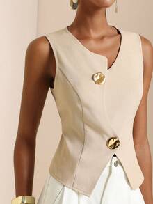 SHEIN Veneréa 亚麻质感金属装饰无袖背心外套 - 杏色 - 查看 7