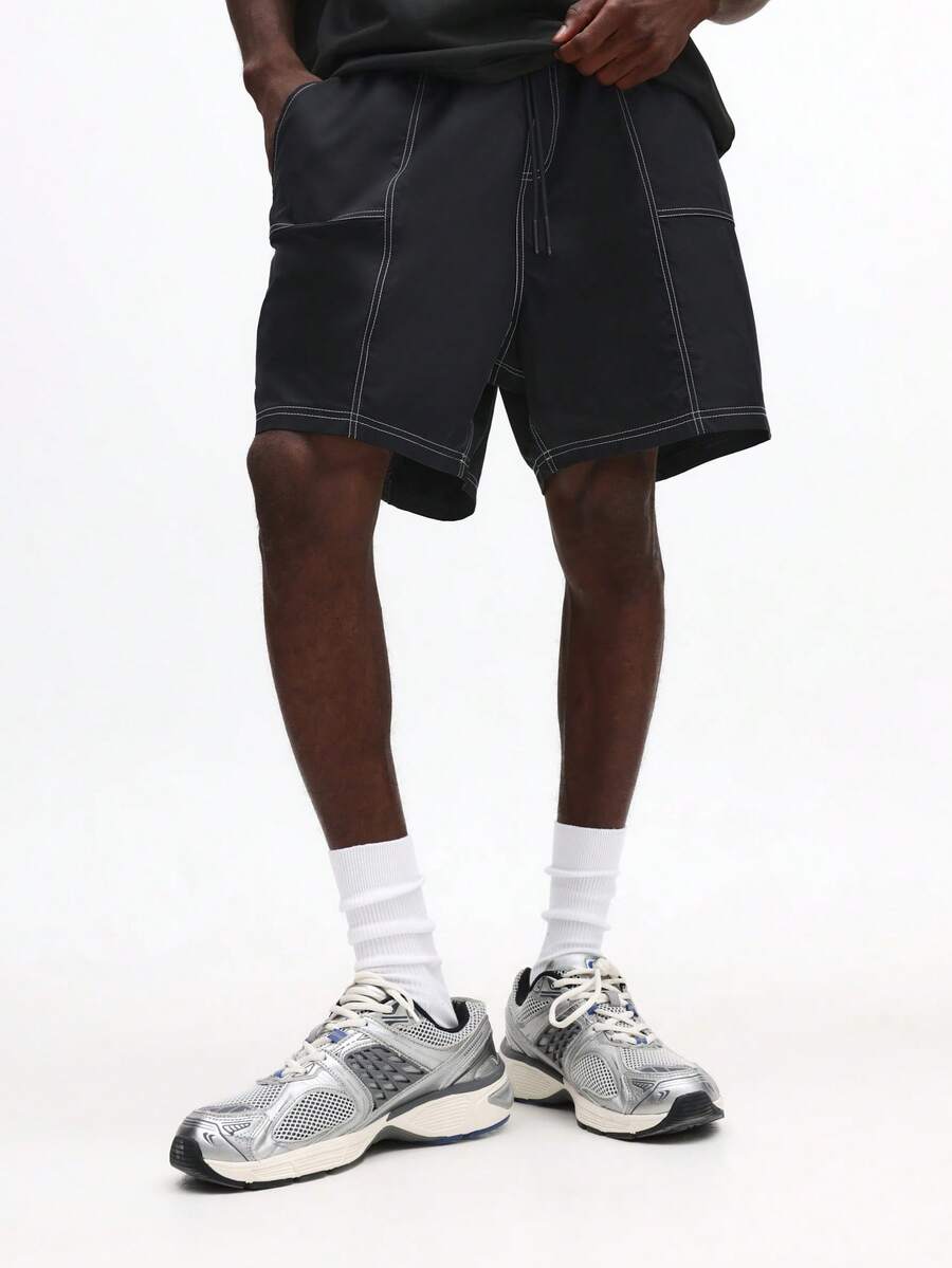 SUMWON Men Drawstring Nylon Cargo Shorts With Contrast Stitching And Multiple Pockets Casual Summer - Black - View 1