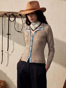 Zovinel Nuevo cárdigan elegante de ajuste ceñido con cuello en V y contraste de color para mujer, para otoño - Beis - Ver 1