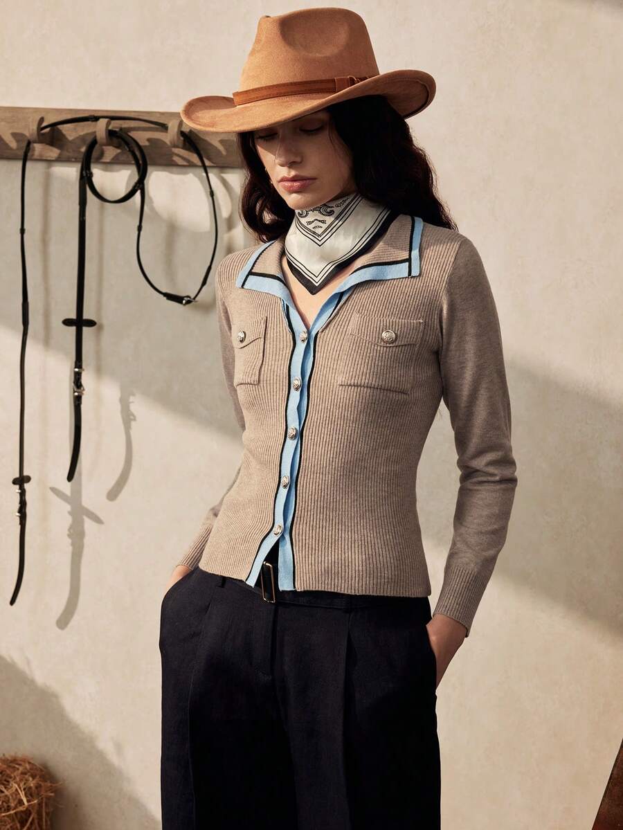 Zovinel Nuevo cárdigan elegante de ajuste ceñido con cuello en V y contraste de color para mujer, para otoño - Beis - Ver 1