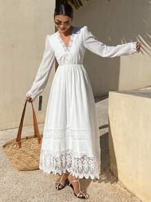 DAZY Lace V-Neck Midi Vacation Dress For Women Wedding Guest Dress - Beige - View 2