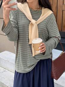 Solavon 女士休闲条纹印花圆领长袖T恤 - 灰色 - 查看 6