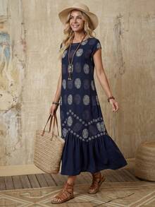 Faunlyn 女士碎花圆领泡泡袖休闲宽松荷叶边下摆连衣裙，适合夏季度假