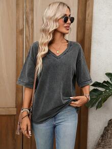 EMERY ROSE Camiseta de mujer de manga corta con cuello en V y hombros caídos, informal y lavada, top casual de verano para vacaciones - Negro - Ver 4